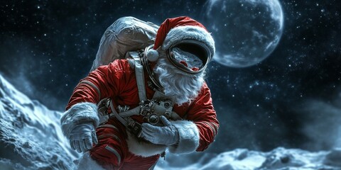 Santa claus astronaut walking on the moon surface delivering gifts for christmas