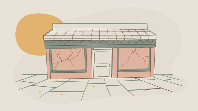 recommend clip art: A simple line drawing of a small storefront with a cracked window and a closed door.