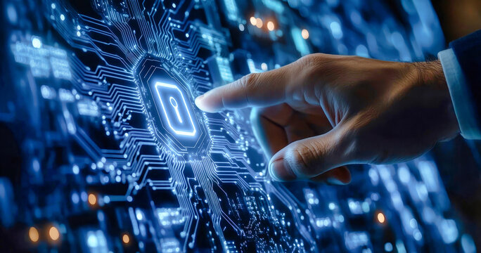 A businessman interacts with a glowing digital lock icon on a circuit board, highlighting the importance of cybersecurity and data protection in today's technology landscape