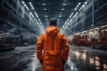 A person wearing an orange jacket stands alone in the middle of a large, industrial warehouse with a high ceiling and modern lighting, reflecting an ambiance of solitude and focus.