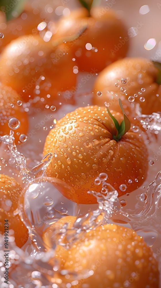 Poster juicy oranges splashing in water, creating a refreshing and vibrant scene.