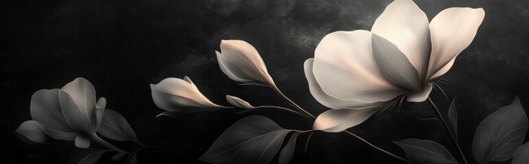 abstract floral silhouette in soft, organic shapes delicately placed against a matte black background. The minimalist design features an elegant and mysterious atmosphere