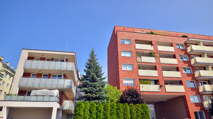 Low angle view apartment building  from the beginning of the 21st century. Architectural elements...