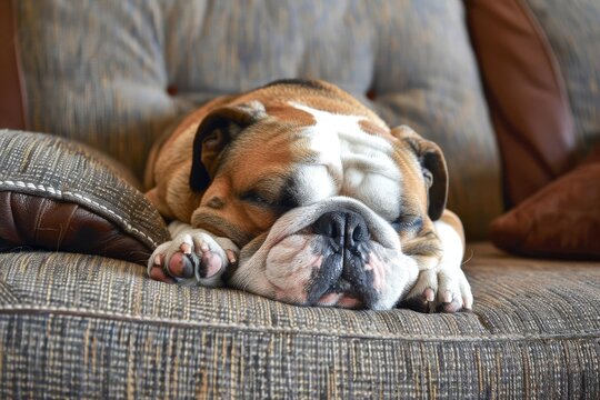 A bulldog dozing off on a plush couch, exuding a sense of calm and contentment in its sleep, A sleepy bulldog snoring on the couch, AI generated