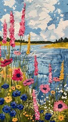 Fototapeta premium flower meadow and water illustration poster background