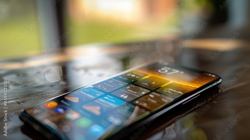 Poster modern smartphone showing apps lying on a table with sunset in the background