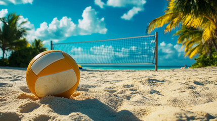 Obraz premium A beach volleyball on the sand with the net in the background. 