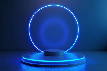 Neon round podium in blue room. 3d render. Abstract background.