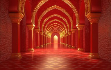 Obraz premium Red and Gold Archway Corridor - Royal Palace Interior Design - 3D Rendering.