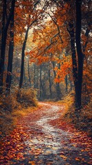 Winding path through autumn forest with golden leaves, mobile friendly