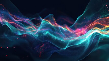 Fototapeta premium Abstract Blue and Red Digital Wave with Glittering Particles on Dark Background.