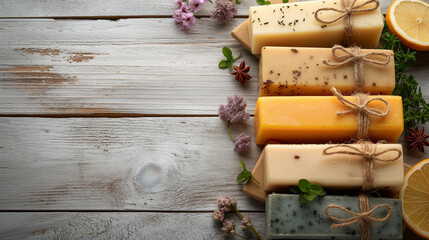 Handmade artisan soaps with dried herbs and flowers on a rustic wooden background