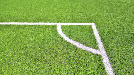 Fototapeta premium Artificial football turf with a white dividing line. Texture of Perfect green lawn on the football field. 