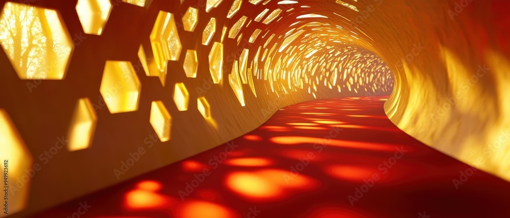 Poster red carpet pathway through golden hexagonal tunnel abstract architecture interior design.