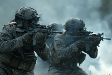 A group of army soldiers dressed in camouflage uniforms, holding rifles, prepares for a mission in a forested environment, Ai generated