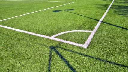 Obraz premium Artificial football turf with a white dividing line. Texture of Perfect green lawn on the football field. 