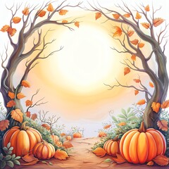 Naklejka premium A serene autumn landscape featuring pumpkins and falling leaves under a soft glowing sun, ideal for seasonal themes.