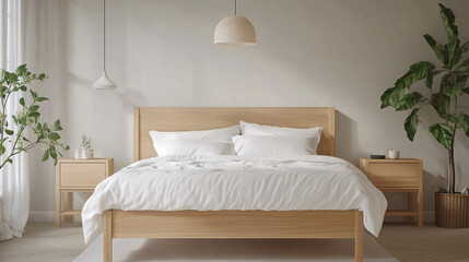 A serene Scandinavian bedroom featuring a light wooden bed frame, white bedding, and a pair of matching wooden bedside tables. A simple pendant light hangs above the bed