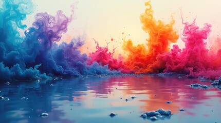 Vibrant colorful ink and smoke waves reflected on water surface