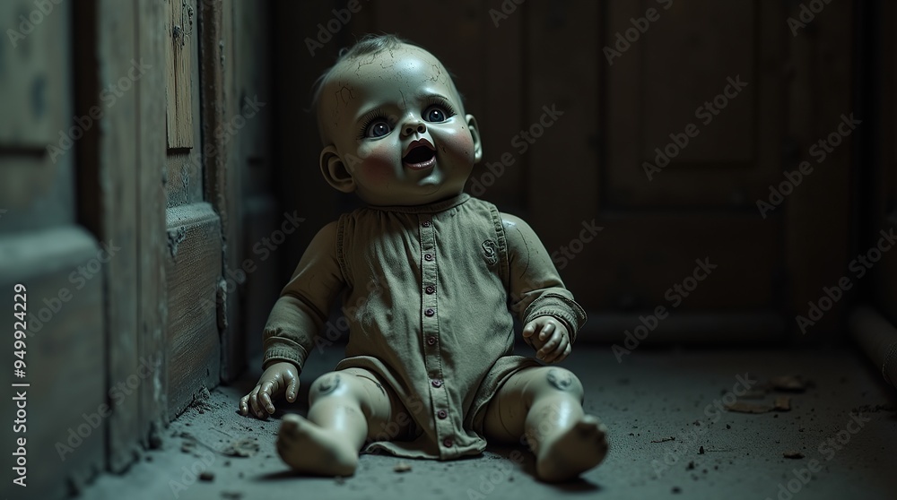 Wall mural Creepy cracked doll with one missing eye in abandoned attic