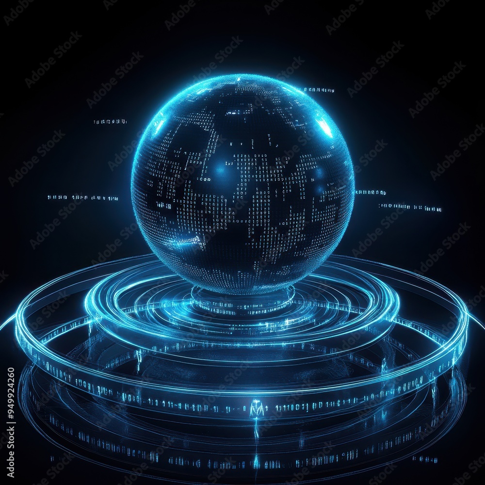 Poster futuristic 3d globe with glowing blue lines and digital code - abstract technology background.