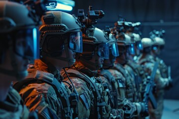 Fototapeta premium Camouflaged army soldiers, armed with rifles, are positioned strategically, showcasing readiness and teamwork in a military setting, Ai generated