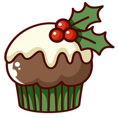 Merry Christmas Cupcake Berries On Top SVG PNG. Holly Berries Topped Christmas Cake Outline