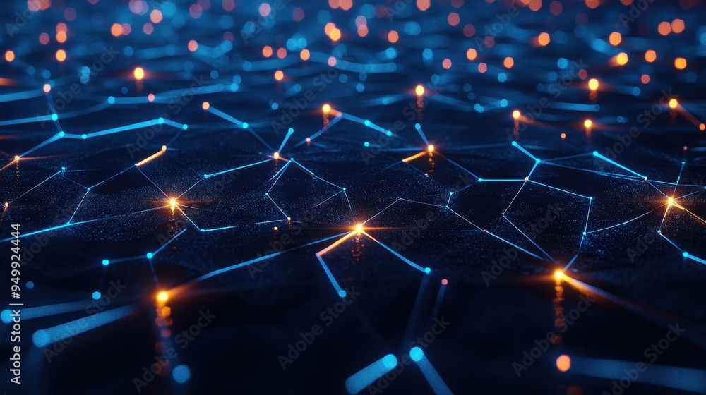 Poster abstract digital network background with blue and orange lights - 3d rendering.
