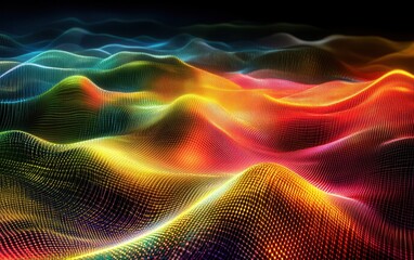 Abstract Colorful Digital Landscape with Glowing Grid Mesh - Futuristic Technology Background.