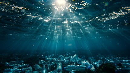 Fototapeta premium Ocean Pollution with Plastic Bottles Floating Underwater
