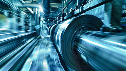 Black rolls of a newspaper printing press swiftly transport, creating a dynamic blur in a blue-toned industrial setting, emphasizing speed and efficiency