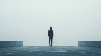 A solitary figure stands on a concrete platform shrouded in fog, facing an uncertain future.