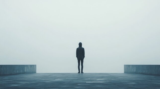 A solitary figure stands on a concrete platform shrouded in fog, facing an uncertain future.