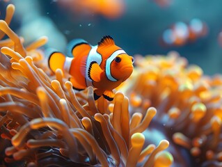 Playful Clownfish Amid Swaying Anemone Tentacles in Vibrant Underwater Scene