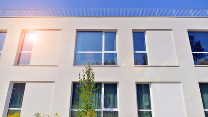 Eco building or green office plant tree and garden in city concept. Eco architecture. Green tree and office building. The harmony of nature and modernity.