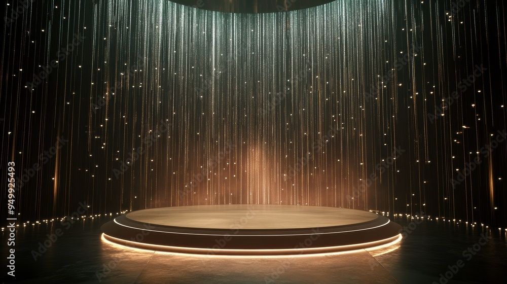 Poster Illuminated Round Stage with Glowing String Lights and Smoke Effect - 3D Render.