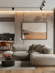 Modern living room with sofa and kitchen connected home interior
