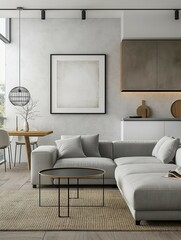 Modern living room with sofa and kitchen connected home interior