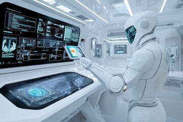 Inside a futuristic laboratory, a high-tech robotic assistant operates on a sleek touchscreen interface, surrounded by sophisticated digital panels and equipment.