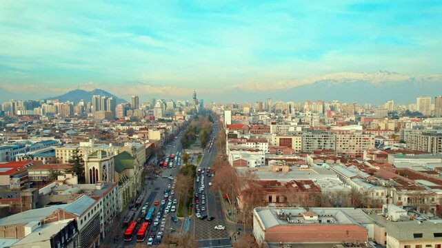 Andean Cordillera Metropolitan city of Santiago, Chile Aerial Fly Alameda avenue at daylight, metropolitan city, panoramic view of South American capital town