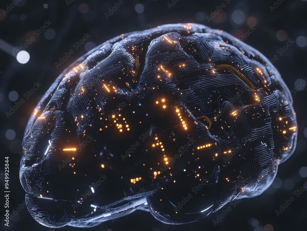 Poster futuristic brain with glowing circuitry - abstract ai concept.