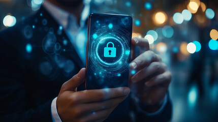  Cyfrowa ochrona danych osobistych z wykorzystaniem zaawansowanych technologii sieciowych. Ikona kłódki symbolizuje cyberbezpieczeństwo.