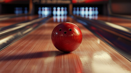 A bowling ball on the bowling lane. 