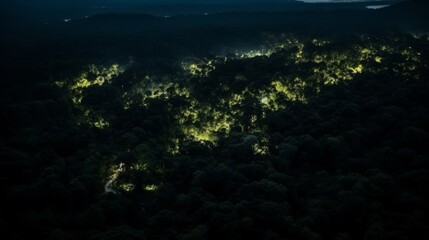 Fototapeta premium Aerial View of a Forest at Night with Glowing Trees