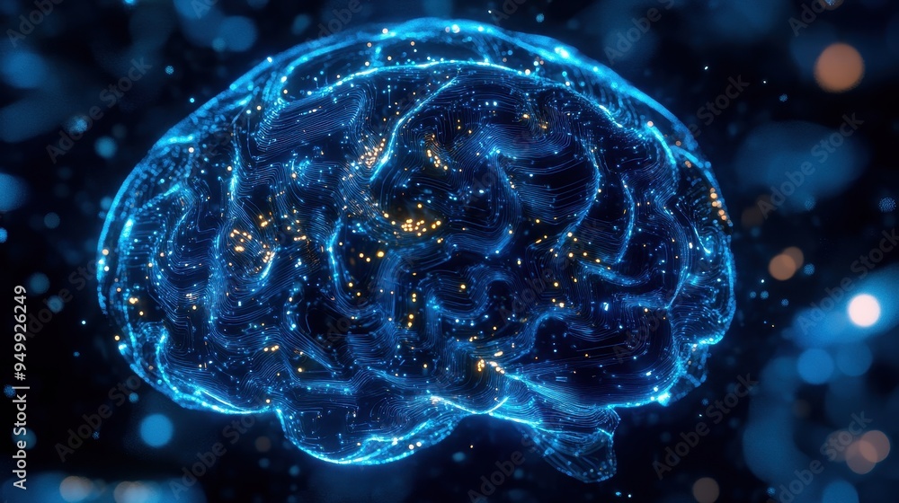 Poster abstract blue glowing brain with network connections and bokeh lights.