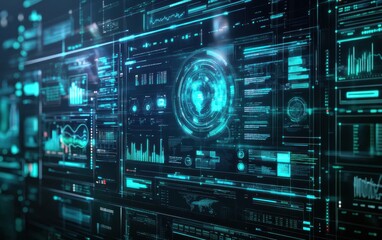 Fototapeta premium Futuristic Digital Interface with Holographic Shield and Data Displays for Technology, Science, and Cybersecurity Concepts.