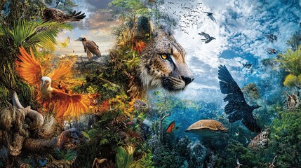 A collage showcasing the beauty and diversity of wildlife alongside images of endangered species, raising awareness about habitat loss and poaching.