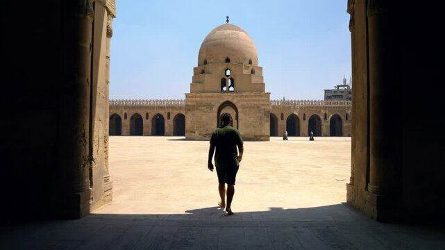 Man Entering The Square Inner Courtyard Of Ibn Tulun Mosque In Cairo, Egypt. Tilt-down Shot