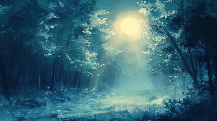 Mystical Moonlight Forest Path - Digital Painting Illustration.