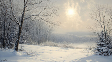 Obraz premium Malowniczy zimowy pejzaż pokazuje śnieżne wzgórza i zakryte śniegiem drzewa. Opadające płatki śniegu tworzą delikatną zasłonę nad cichym krajobrazem.